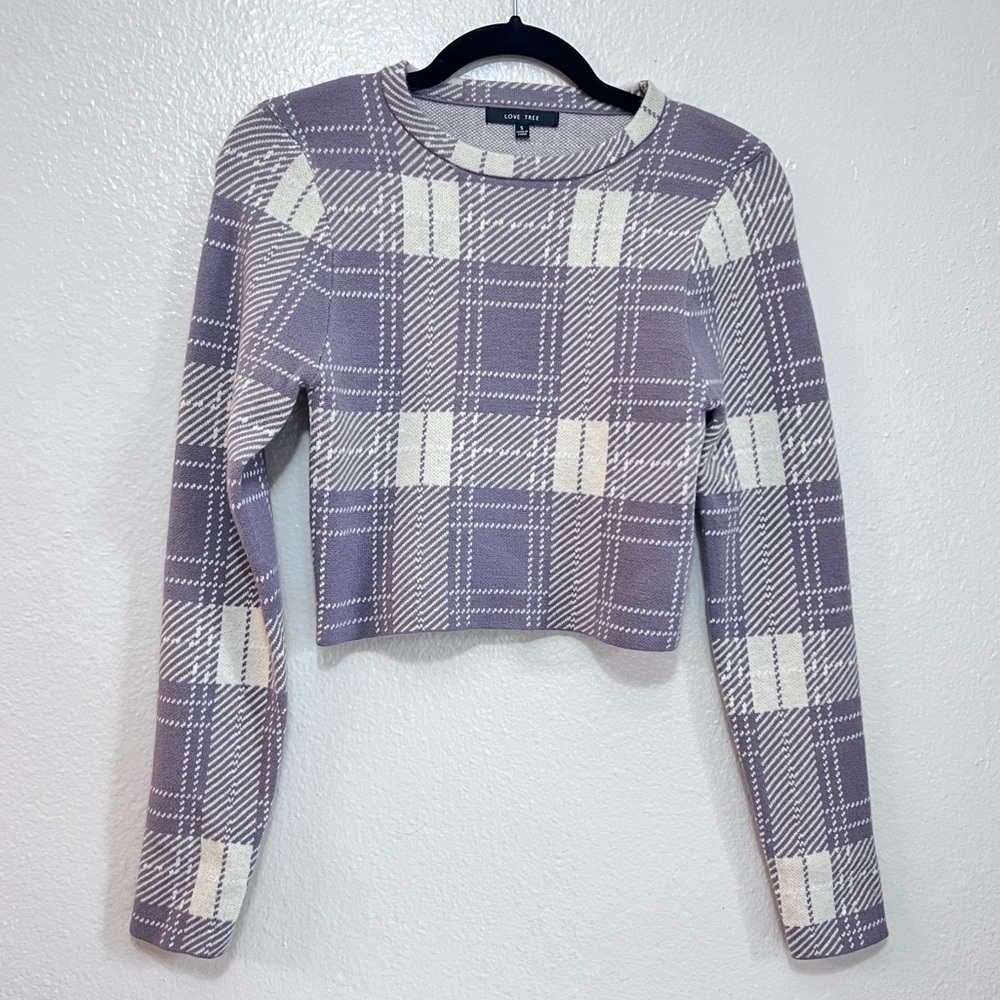 Love Tree purple long sleeve and skirt set plaid in purple and off white - Picture 2 of 5
